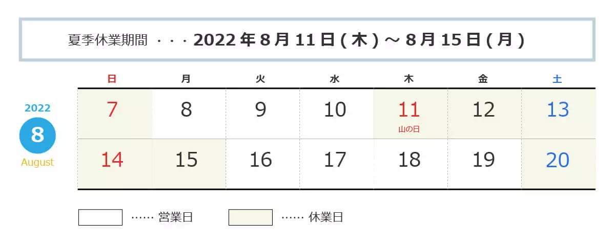 2022年8月11日(木)～8月15日(月)まで