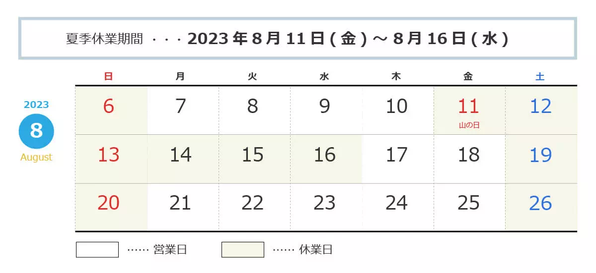 夏季休業：8月11日～16日まで